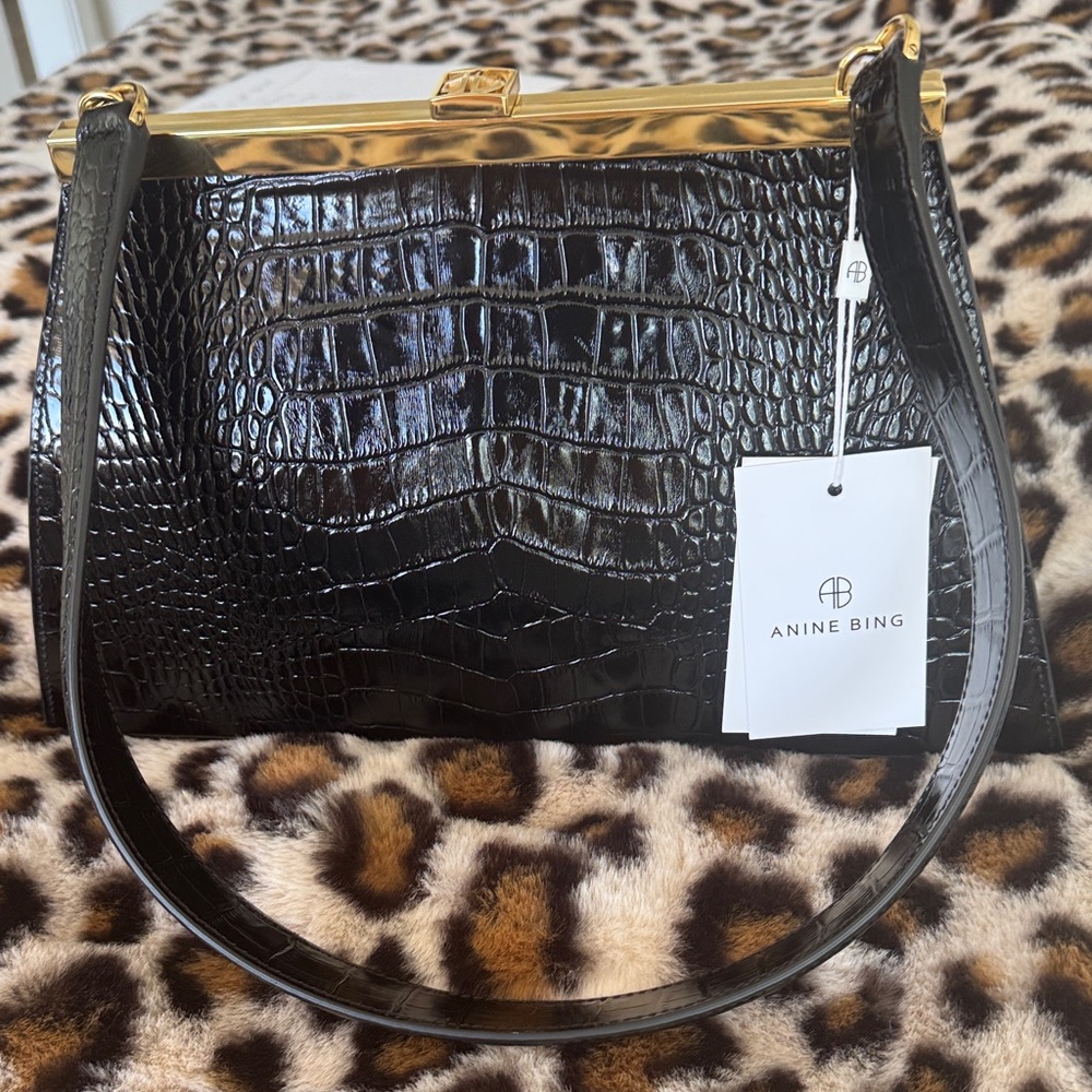 Anine Bing Black Croc-Embossed Shoulder Bag with Gold Accents - Only 100 Made